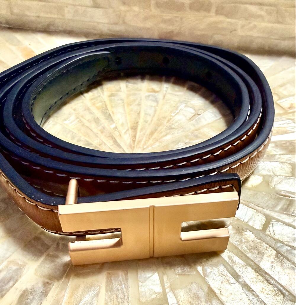 Reversible Brown & Black Faux Leather Belt Gold Buckle 28”-35”